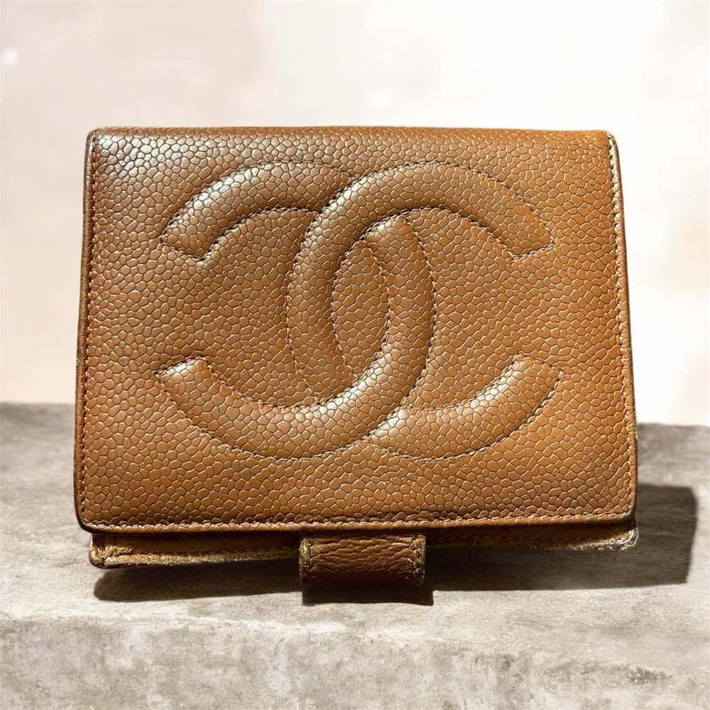CHANEL Tan Caviar Leather Compact Wallet with Embossed CC
